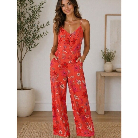 Banana Republic Pants - Banana Republic Linen Cotton Blend Coral Floral Jumpsuit Spaghetti Strap Size 10